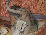 Courtauld 11 Edgar Degas - After The Bath - Woman Drying Herself 11. Edgar Degas - After the Bath Woman - Drying Herself. 1889-90, 68 x 58cm. From the mid-1880s onwards, the subject of women bathing in tubs or drying themselves became one of Degas� central preoccupations. His aims in his pictures of bathing women were to show �a human creature occupied with herself � a cat who licks herself. Hitherto, the nude has always been represented in poses which presupposes an audience, but these women of mine are honest and simple folk, unconcerned by any other interests than those involved in their physical condition � It is as if you looked through a key-hole.�